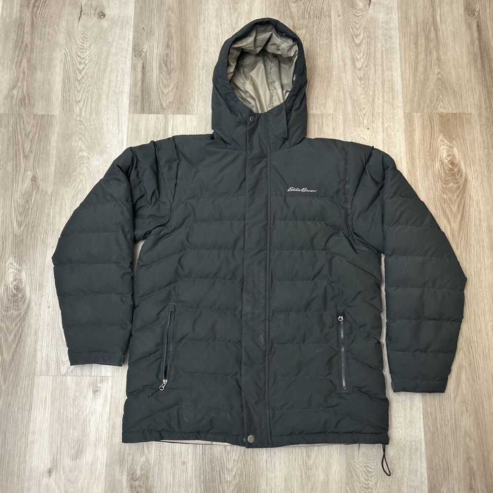 Eddie Bauer Boundary Pass Men’s Large Down Parka Hooded Jacket Coat Black READ